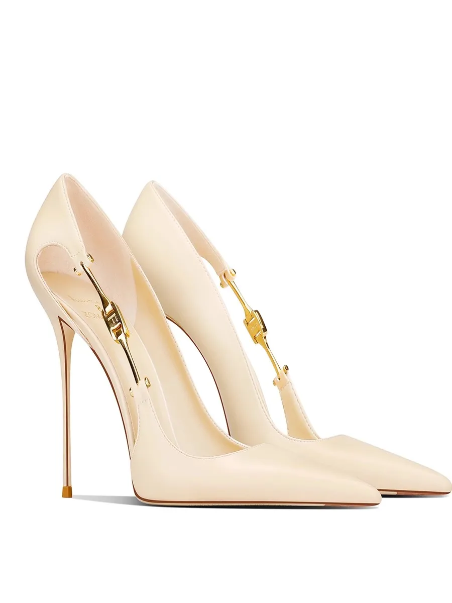 

Fine high-heeled women's shoes summer pointed scalp hollow metal buckle single shoes large size small size banquet work shoes