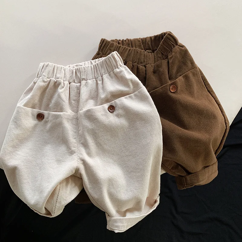 

Autumn New Children Casual Corduroy Pants Girl Baby Fashion Solid Simple Wide Leg Pants Boy Infant Cotton Loose Pockets Trousers