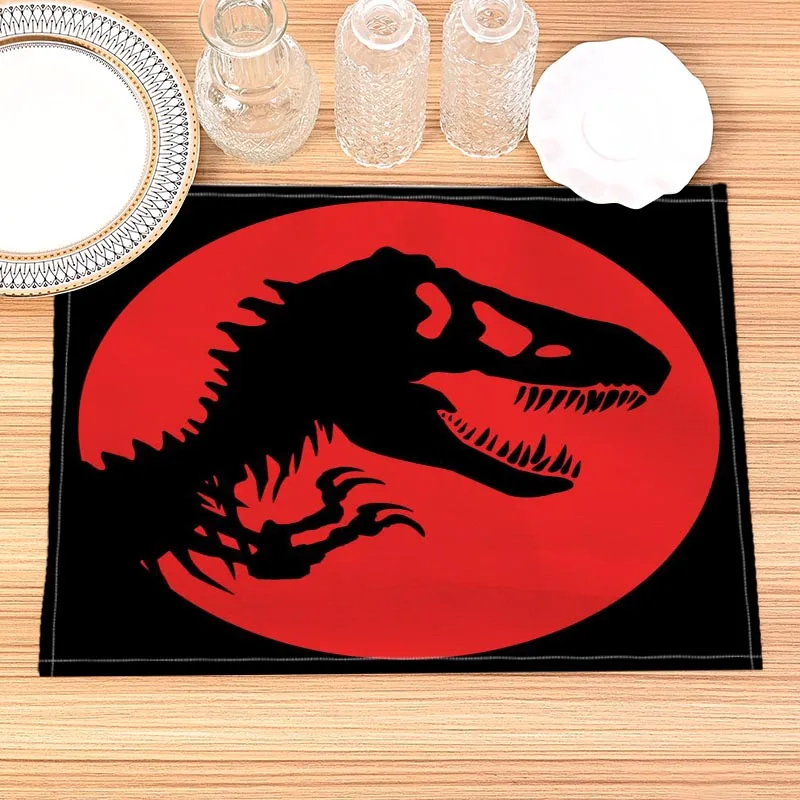 Jurassic Park Print Linen Dining Table Mats Alphabet Kitchen Placemat 30X40cm Coasters Pads Bowl Cup Mat