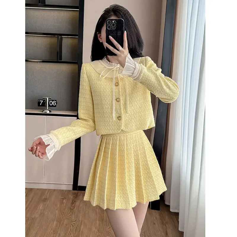 سترة نسائية قصيرة من الصوف الخشن الأصفر مكونة من قطعتين + تنورة مطوية 2025 مجموعة جديدة لخريف وشتاء نمط عطر صغير #4