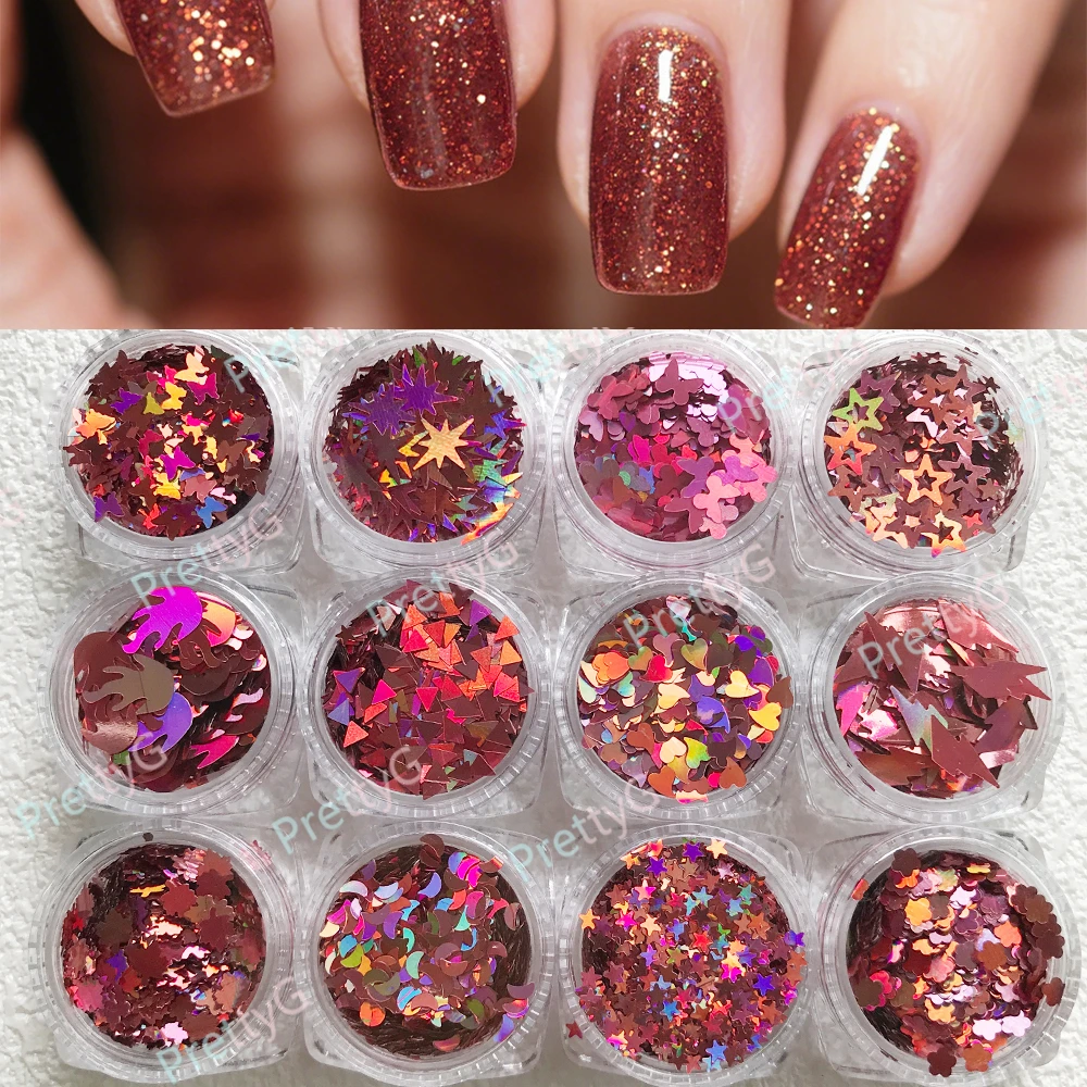 PrettyG 1 Juego de caja de 12 colores, purpurina holográfica Dk.red, forma de lentejuelas rosa, purpurina para uñas para resina, decoración artística de uñas DIY