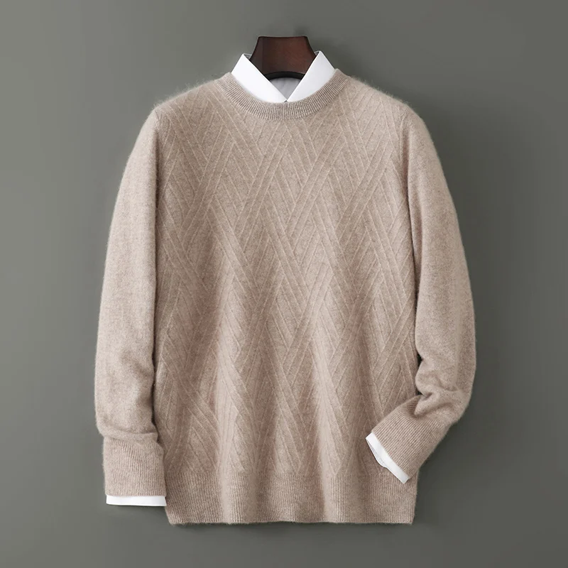 100% 메리노 울 스웨터 남성용 라운드 넥 니트 후디 2025 가을/겨울 신상 캐시미어 유사 스웨터 다용도 기본 남성복