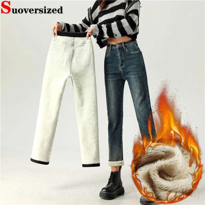 

Winter Plush Velvet Lined Ankle Length Straight Jeans Warm Basic Casual Korea High Waist Pencil Vaqueros Snow Wear Denim Pants