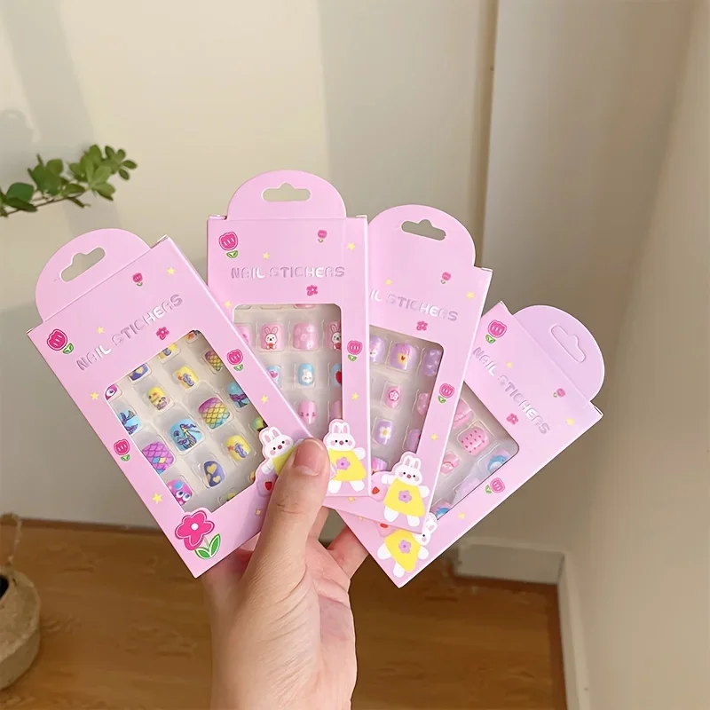 24Pcs/box Colorful Cute Cartoon Children Nail Tips Fake Nail Set with Jelly Glue Adhesive Girl Kit DIY Art