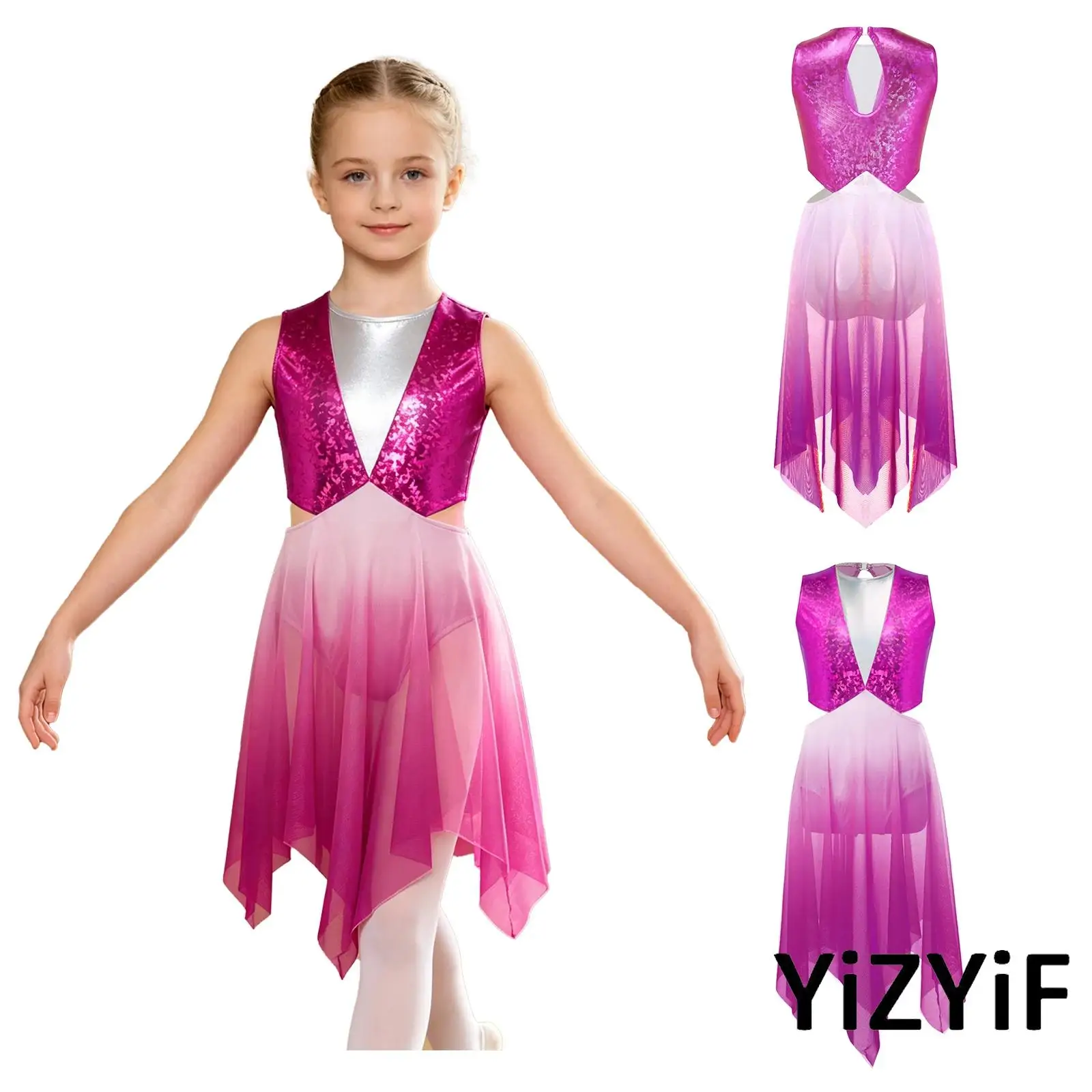 Worship Choir Dance Dress for Kids Girls Metallic Bodice Asymmetrical Cutout Waist Keyhole Back Dress for Ballerina Clothing