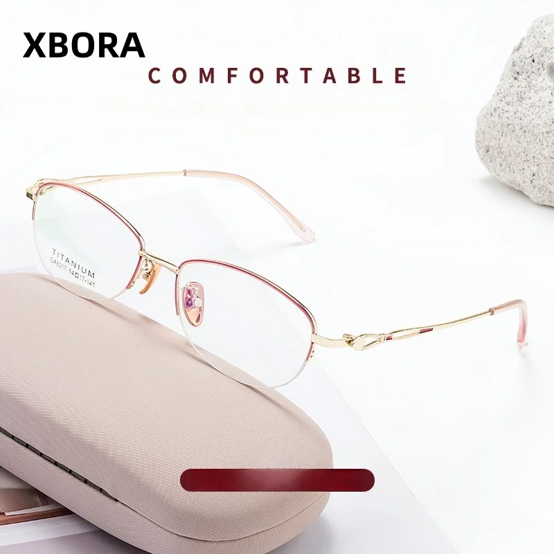 xbora-ホット販売女性合金猫ハーフリム眼鏡超軽量オーバルフレームスタイリッシュな高級エレガントな処方眼鏡-g6017ady