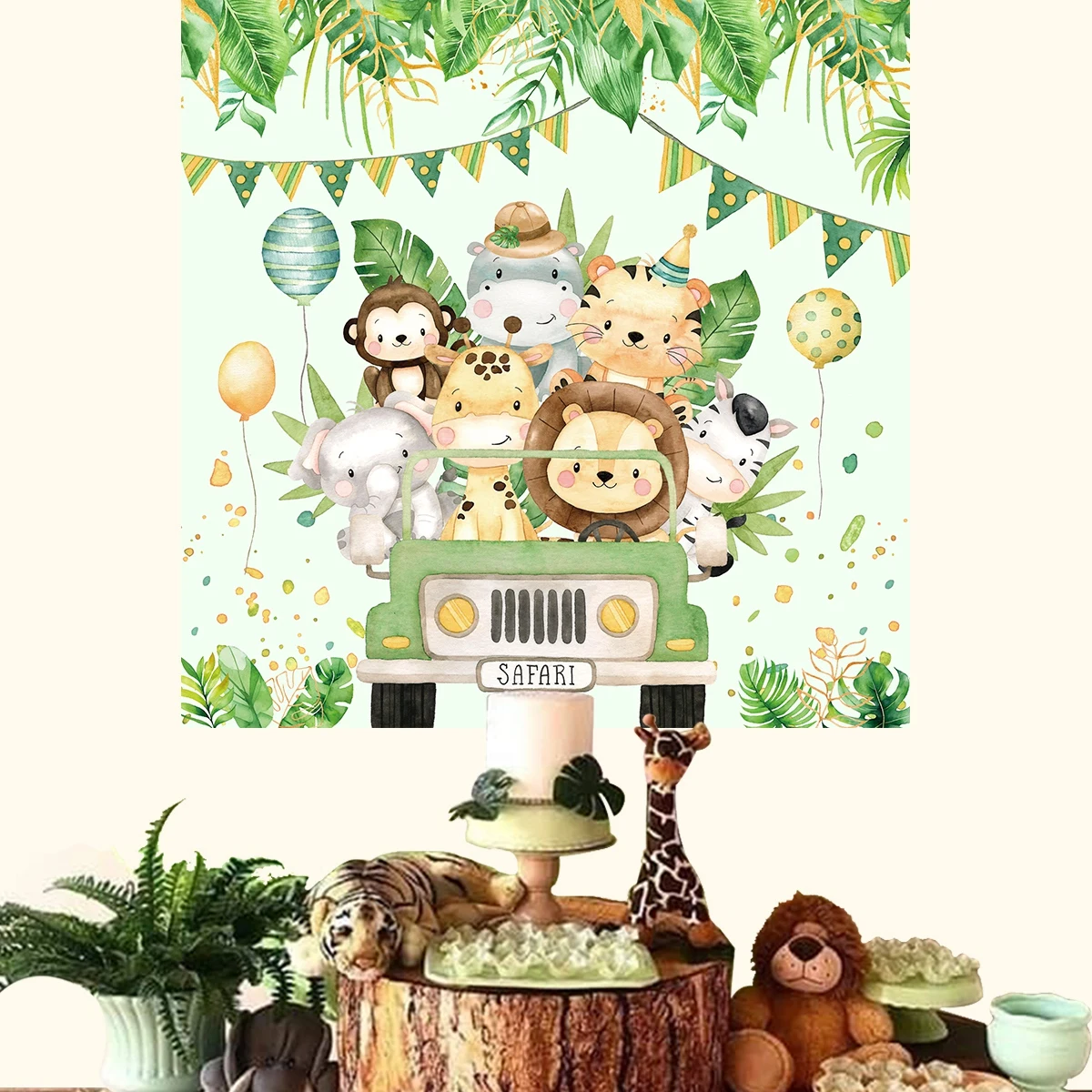 Jungle Animal Driving Car Background Happy Birthday Party Decoration Backdrop Kids Baby Shower Jungle Safari Birthday Suppies