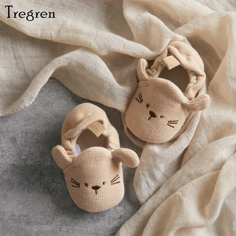 Tregren-zapatos de cuna de punto para bebé recién nacido, zapatos planos antideslizantes con estampado, suela suave y cálida de algodón, Prewalker