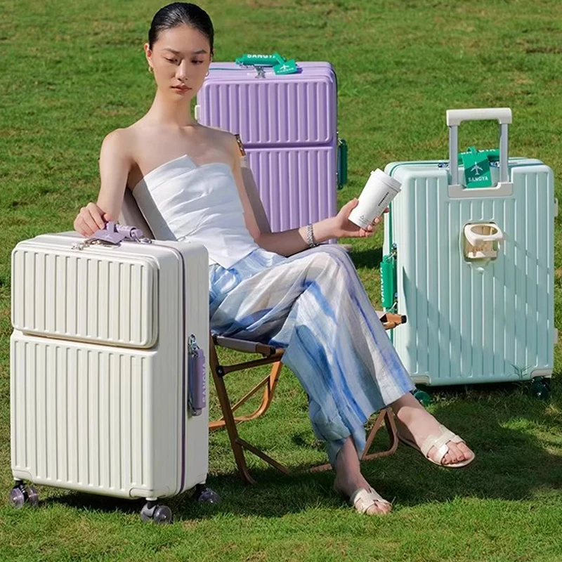

Front-opening Luggage New Double-Layer Explosion-Proof Zipper Lightweight PC Suitcase with Cup Holder Luggage 20/22/24/26/28inch