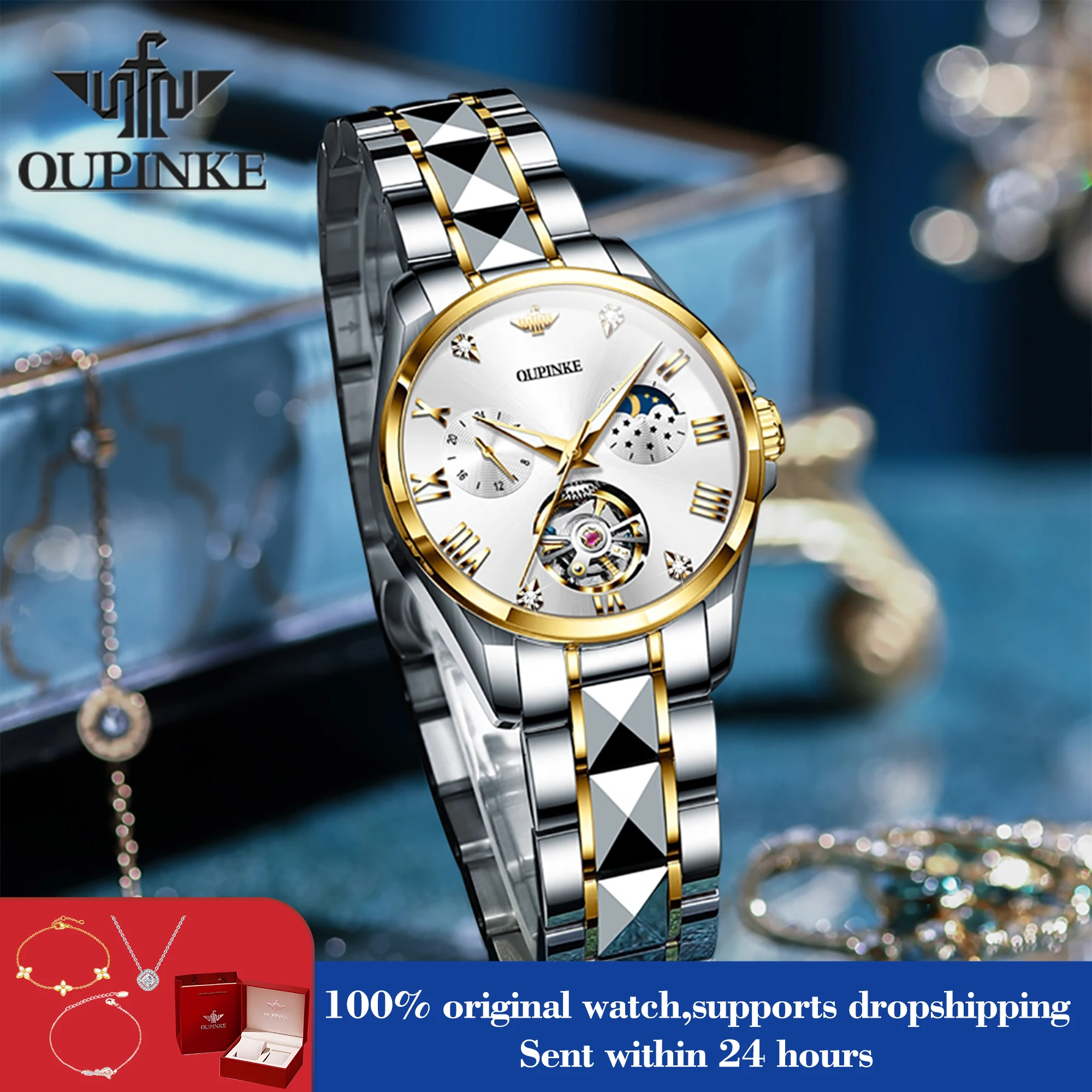 

Женские автоматические часы OUPINKE 3202 с римскими цифрами, механические, с фазами луны, роскошные, деловые, для женщин