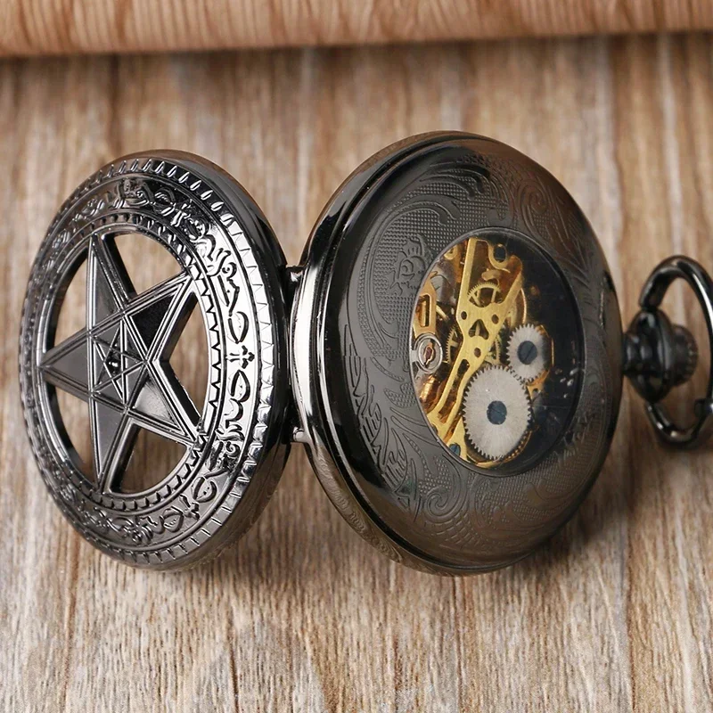 Vintage Pocket Watch Supernatural Pentagram Crown Pattern Dial Steampunk Hand-winding Mechanical Clock for Men Women FOB Chain