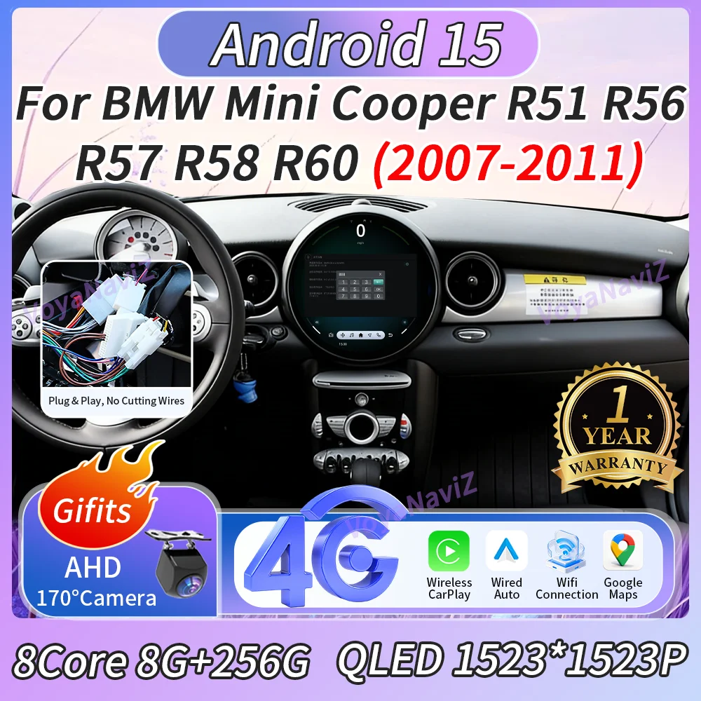 

Android 15 11.7" Car Radio Carplay For BMW Mini Cooper R51 R56 R57 R58 R60 2007-2011 1523*1523 HD Screen 360 Functions DSP FM 4G