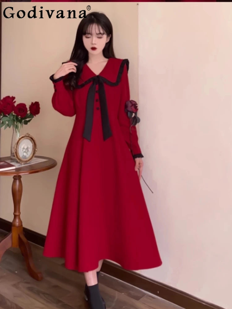 

Large Size Sweet Peter Pan Collar Sweet Bow Age-reducing Dresses Red Christmas Autumn Winter High Waist A-line Princess Dress