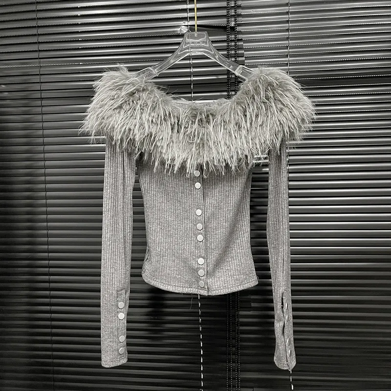 WTHT 新しいトレンディな女性のスプライシング豪華な襟オフショルダーニット Tシャツ 2025 春のファッション長袖トップス女性 1LS1178