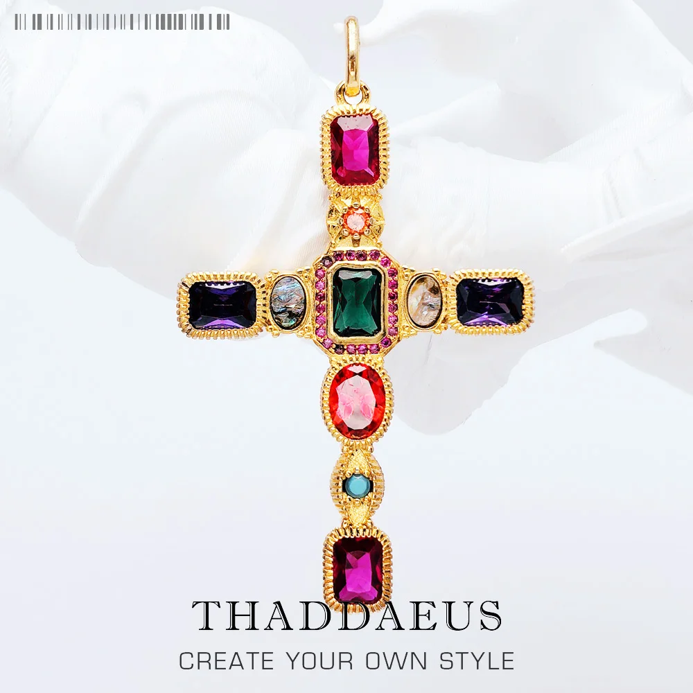 Золотой красочный кулон с крестом, новые модные украшения, европейский винтажный подарок из стерлингового серебра 925 пробы для женщин Золотой красочный кулон с крестом, новые модные украшения, европейский винтажный подарок из стерлингового серебра 925 пробы для женщин