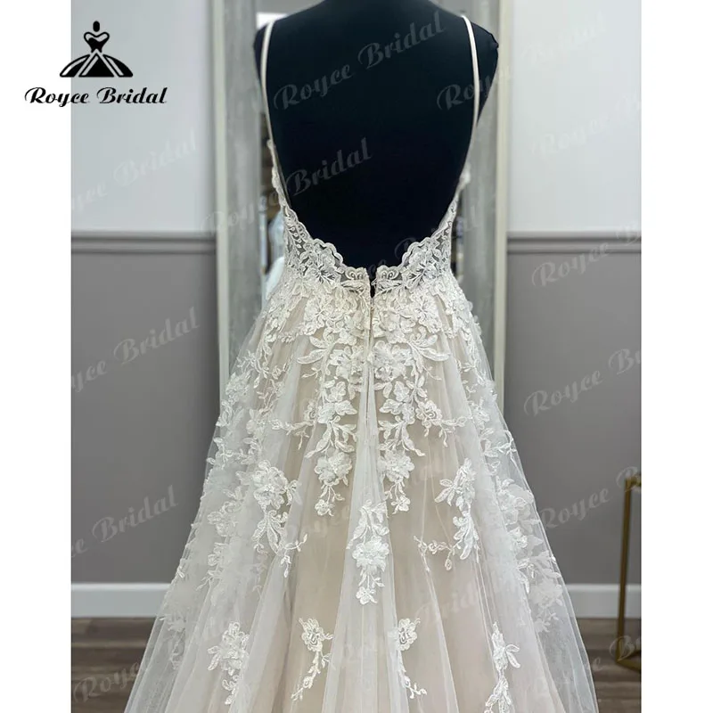 Uma linha de renda apliques sem costas cintas de espaguete 3d floral vestido de casamento com decote em v verão 2023 vintage feminino boho vestidos de casamento