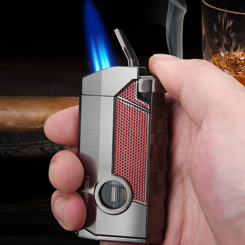 Honest Metal Blue Flame Inflatable Lighter, Windproof, Visible Air Chamber, Three-fire, Direct Burning, Cigar Special Lighter