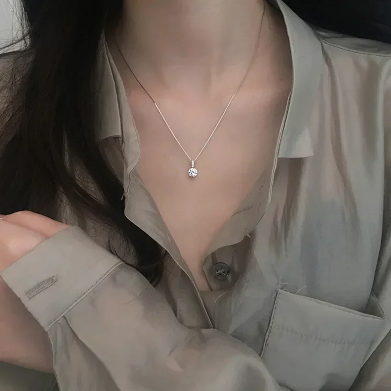 Light Luxury Round White Zircon Pendant Silver Color Necklace Minimalist Style Charm Choker Party for Women\'s Fashion Jewelry