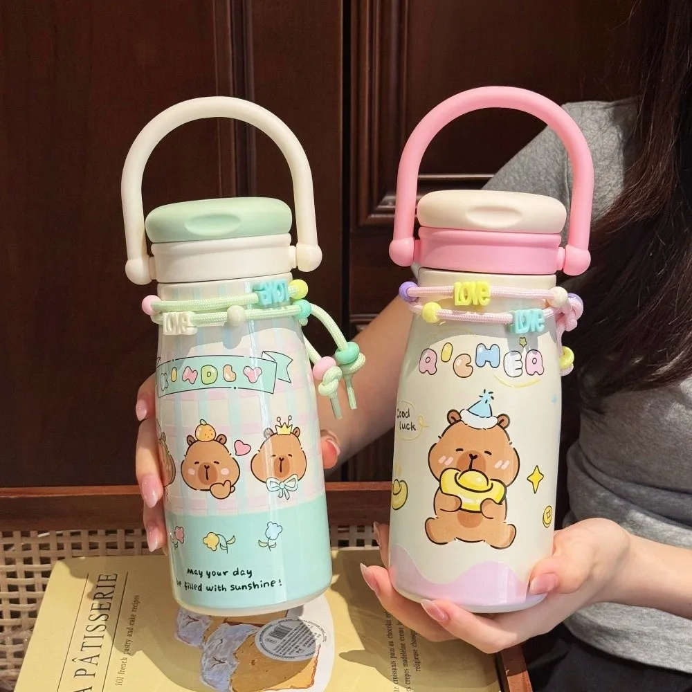 

Portable 600ml Capybara Insulated Cup Stainless Steel with Lanyard Thermal Water Bottle Handle with Straw Car Coffee Cup Gifts