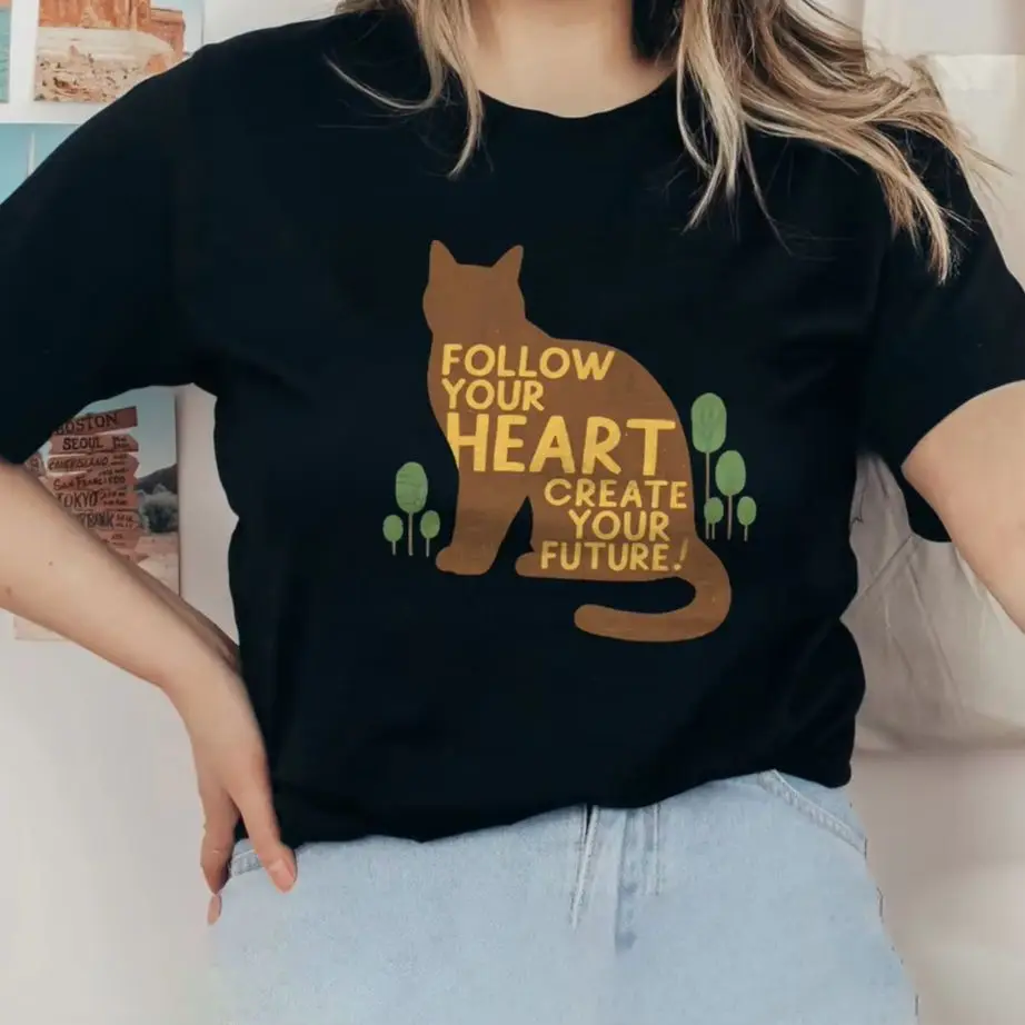 

Y2K Women‘s Clothes Cotton Casual T-Shirt Crew Neck Graphic Tees Street Wear Colorful Cartoon Brown Cat Follow Your Heart
