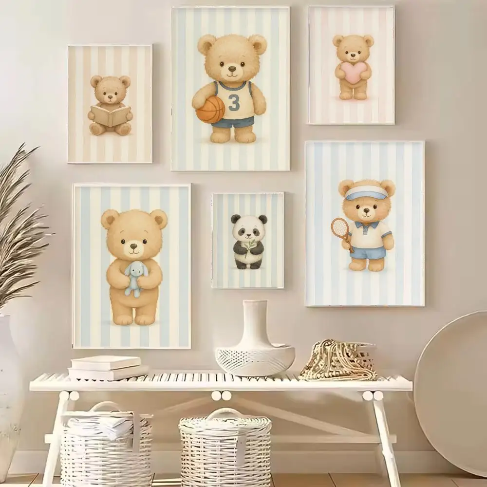 Blue Stripes Panda Bamboo Teddy Bear Tennis Basketball Reading Book Poster Canvas Wall Art Print Kids Nursery Home Decor