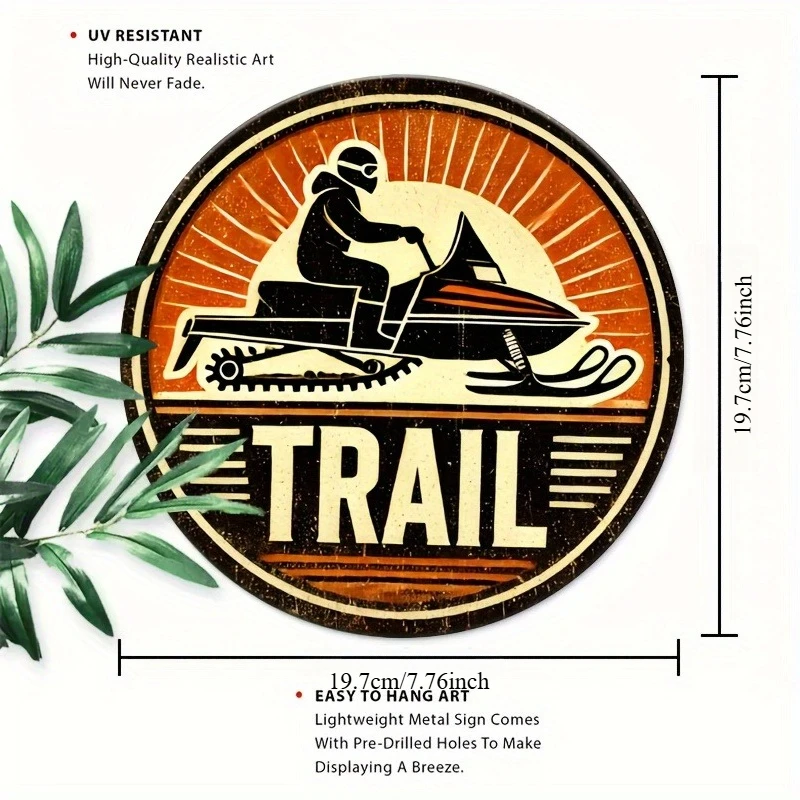 Vintage Snowmobile Trail Sign - Large Rustic Metal Wall Art Suitable for Indoor/Outdoor Use, Durable Winter-Themed Decoration