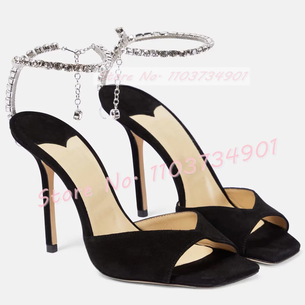 Metal Chain Pendant Crystals Sandals Women Ankle Strap Square Toe Stiletto Shoes Lady Satin Sexy Elegant Fish Patterns Sandals