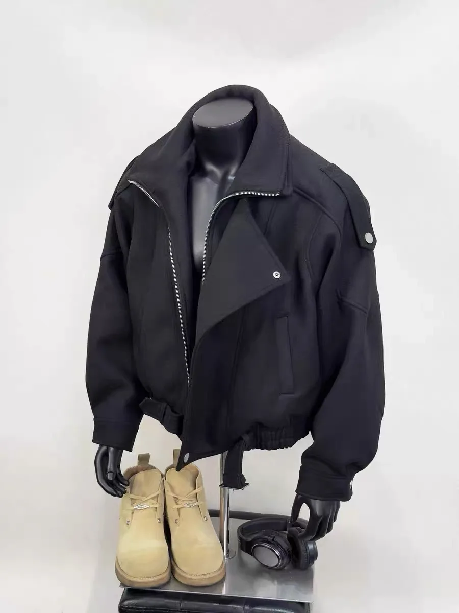 

American Retro ort Woolen Jaet Men's Winter Loose Fit Fake Two-Piece Casual CleanFit Zipper Closure Long Sve Coat