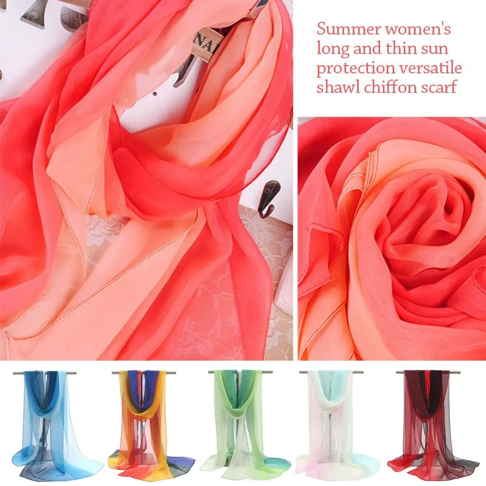 Women Foulard Gradient Solid Color Chiffon Georgette Scarf Bandana Elegant Long Shawl Hijab Summer Sun Protection Neck Bandana