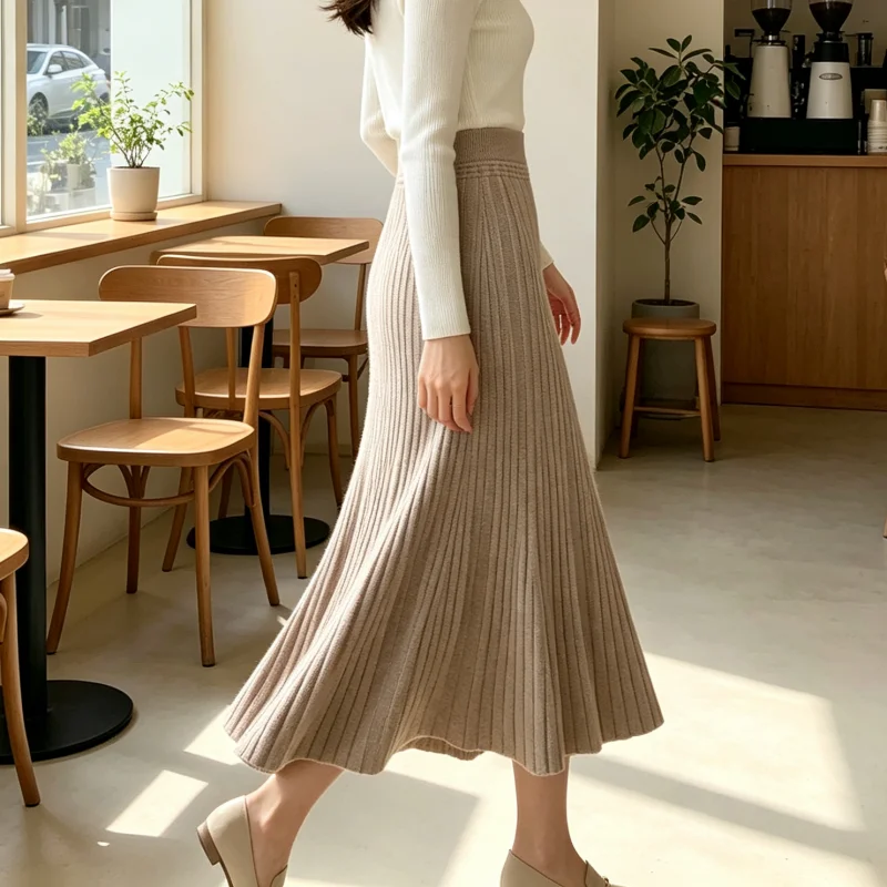 Women High Waist Knitted Skirt Autumn Winter Pleated A‑Line Long Skirt Female Elegant Solid Color Swing Skirt Dating Wear 648