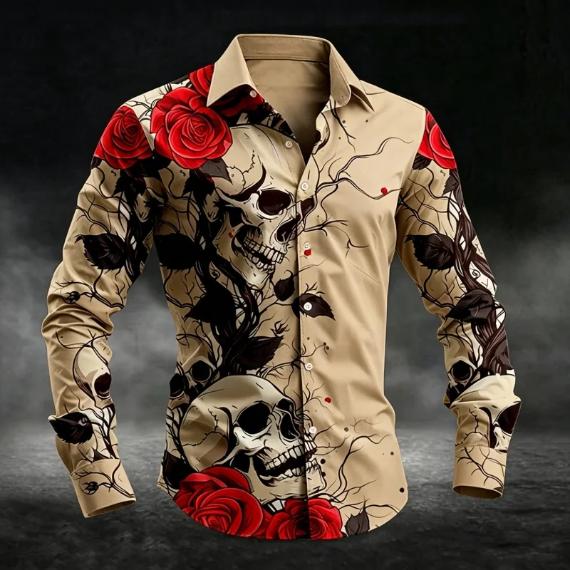 Men Stylish Button‑Up Shirt Vintage Skull Art Print Long Sleeve Turn‑down Collar Trendy Street Festival Night‑out Casual Top