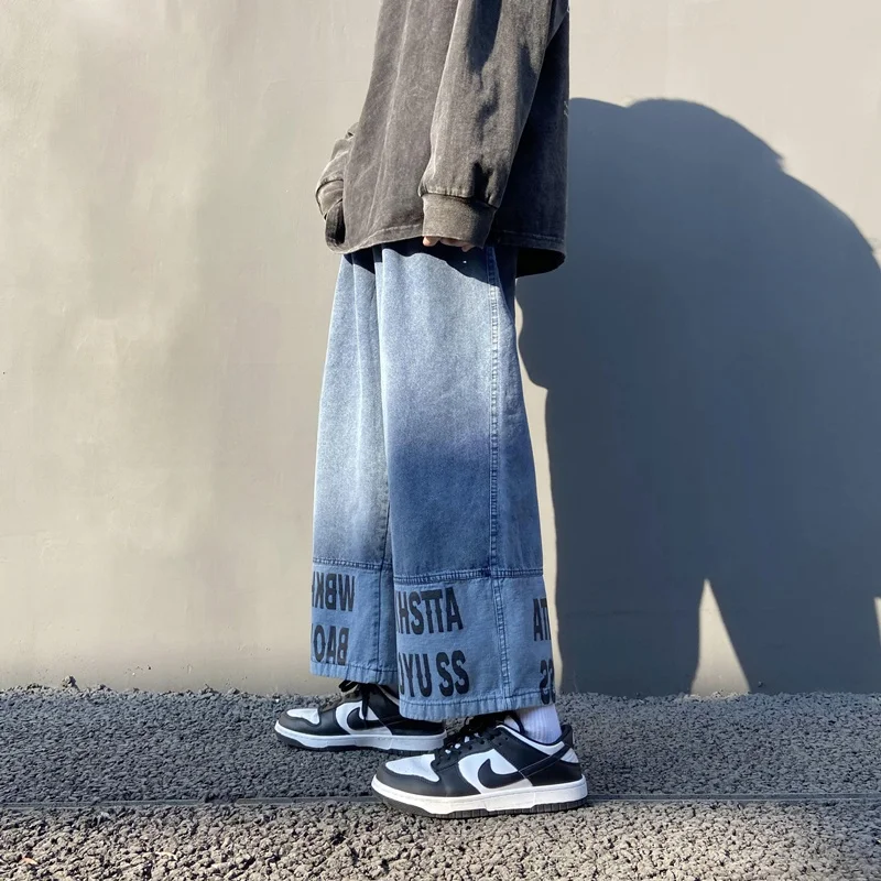 

Street Style Men's Loose Straight Leg Jeans Casual Printed Wide Leg High Waist Denim Pants Trendy Youth Fashion Cotton Blend