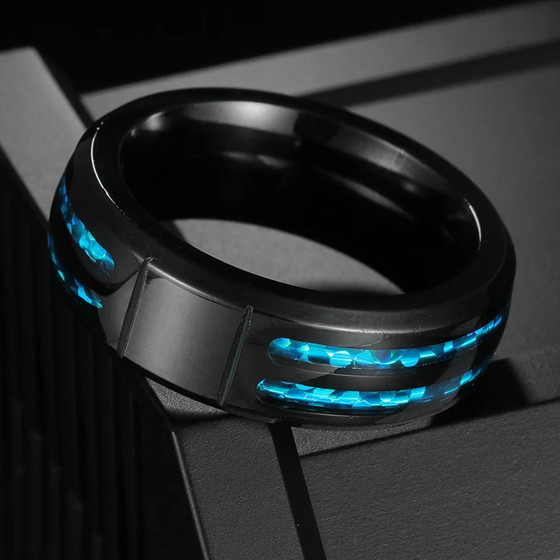 Personalize o logotipo 8mm anel masculino groove inlay azul opala anéis de casamento personalizado simples ícone imagem presente significativo para o marido pai