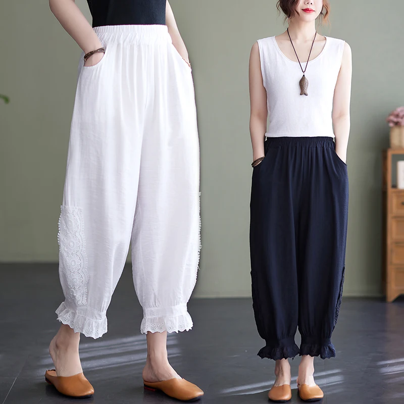 

Casual Lace Embroidery Splicing Elastic Waist Pleated Nine Points Harlan Pants plus Size Women's Clothing Color High Wa...