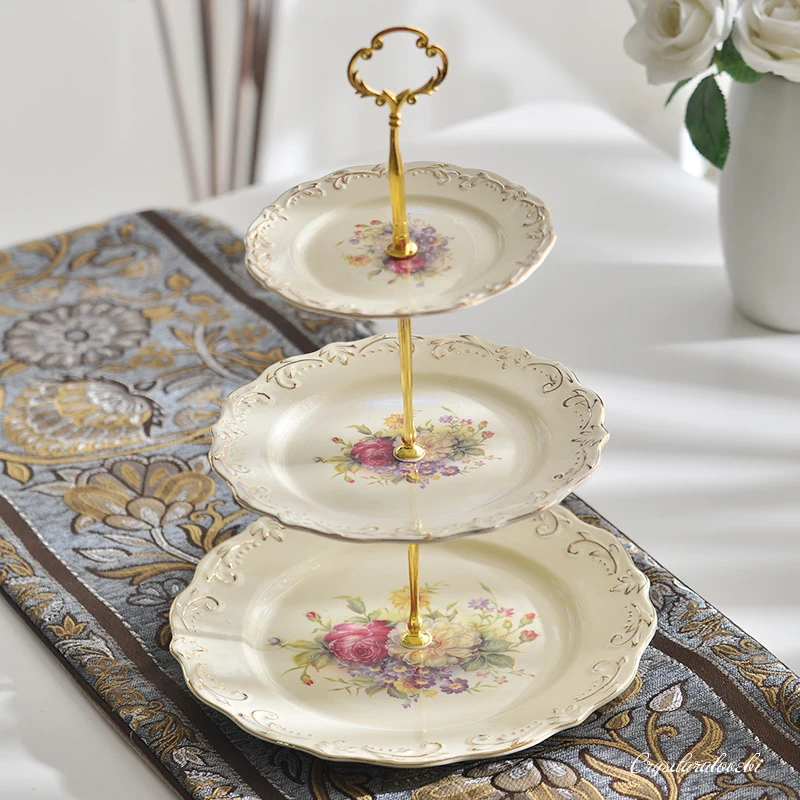 

European Embossed Cake Plate Ivory porcelain Three-layer Skewer Plate Metal Bracket Home Fruit Snack Platter Party Dessert Plate