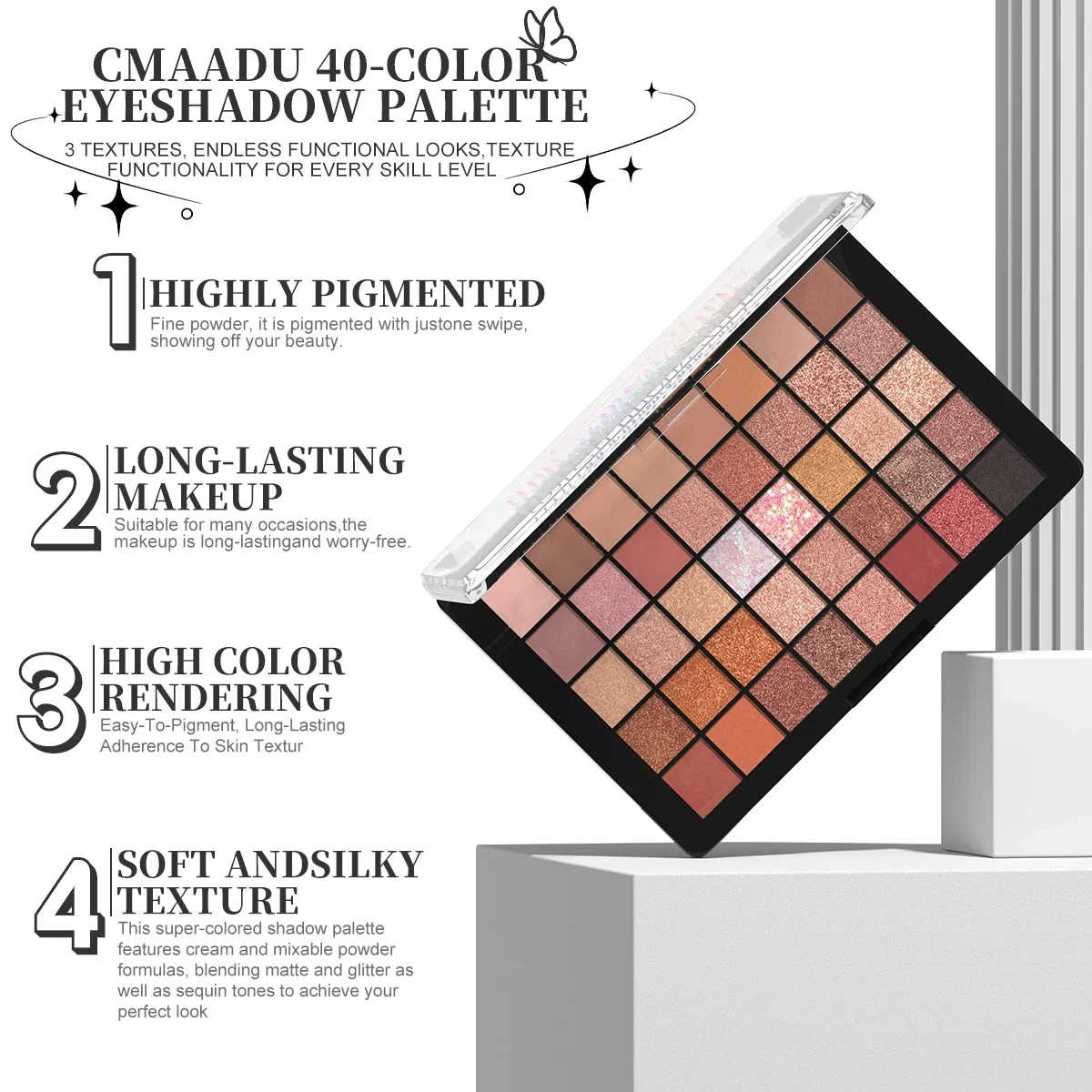 Paleta de sombras de 40 cores, pérola cremosa de alta pigmentação, à prova d'água de longa duração, cosméticos de maquiagem profissional