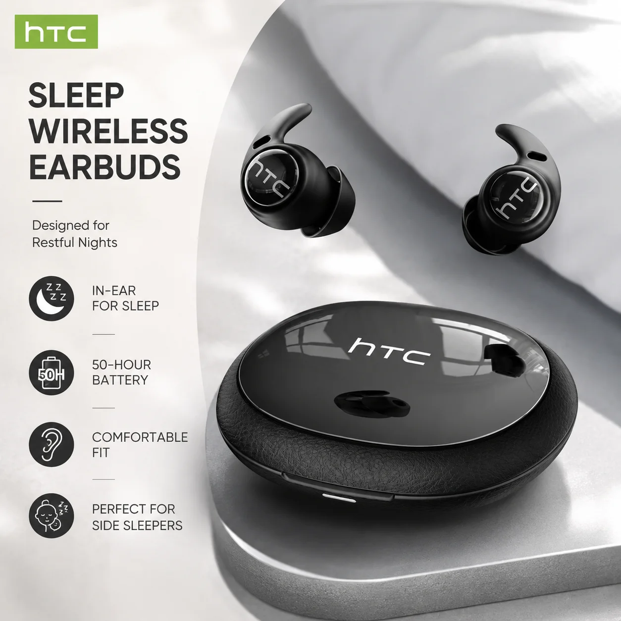 Wireless Earbuds HTC NE76 AI Smart Translation 30-Hour Long Battery Life Low Latency Microphone For Music Office Work Sleep