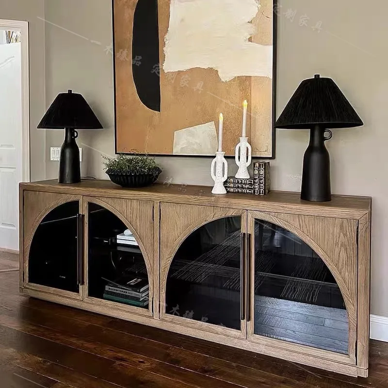 Librería francesa retro de madera maciza, gabinete de piso de vidrio de almacenamiento simple posmoderno, gabinete bajo, lujo ligero americano