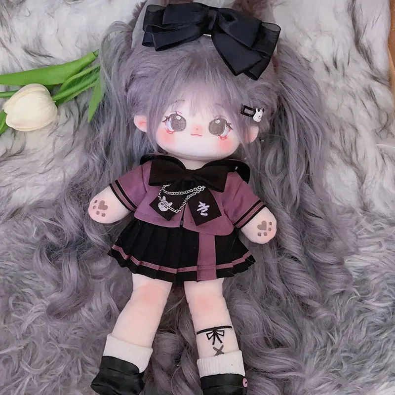 

20cm Plush Toy Doll Clothes Fashion Sweet Cool Purple Short Sleeve Top Bow Tie JK Short Skirt Shoes Set Plush Doll Accessories