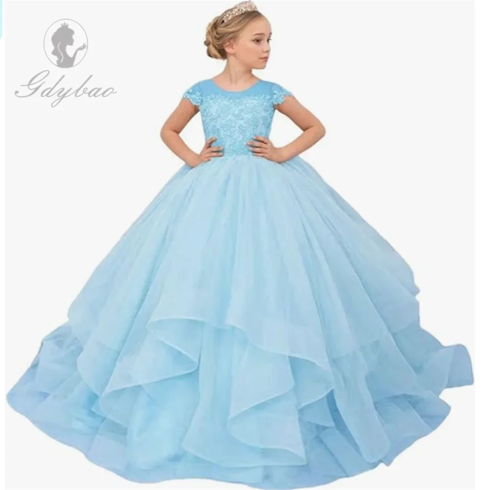 A + vestido de tul con Apliques de encaje para niña, vestidos de desfile de princesa de manga corta, vestidos de fiesta, vestido de princesa para niña de boda