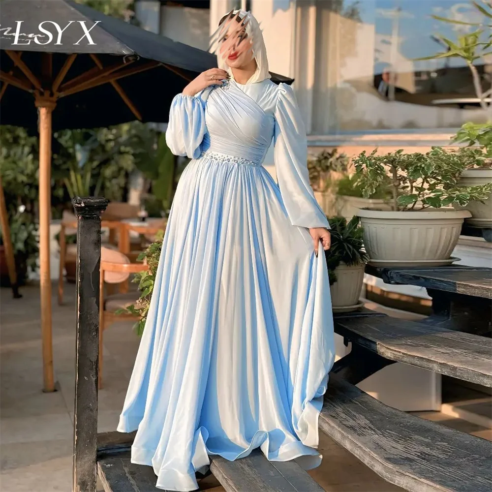 

LSYX Muslim Long Puff Sleeves Rhinestone A Line Wedding Dresses High Neck Zipper Back Crepe Court Train Bridal Gown Custom Made