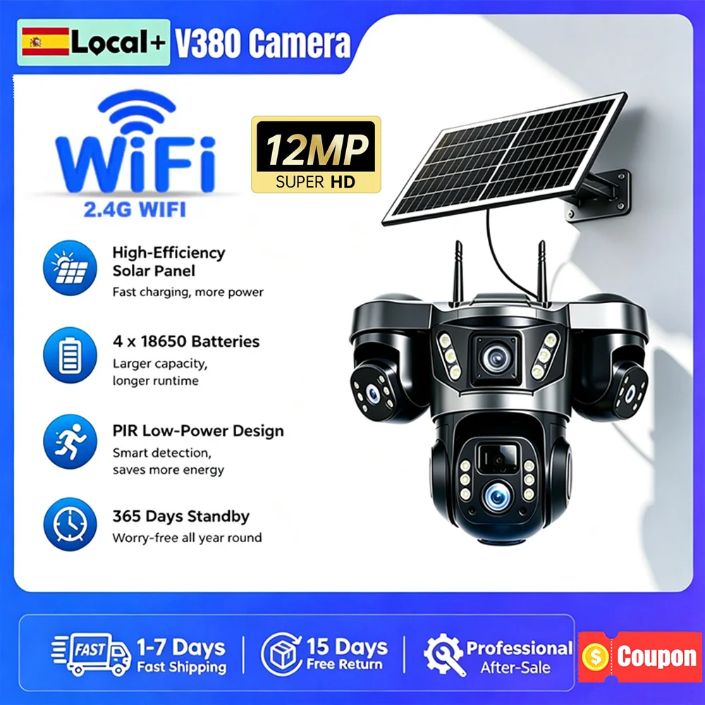 Cámara solar WiFi V380 de 12MP con triple lente, batería integrada, IP66, detección humana PIR, audio bidireccional, CCTV de seguridad para exteriores a prueba de agua
