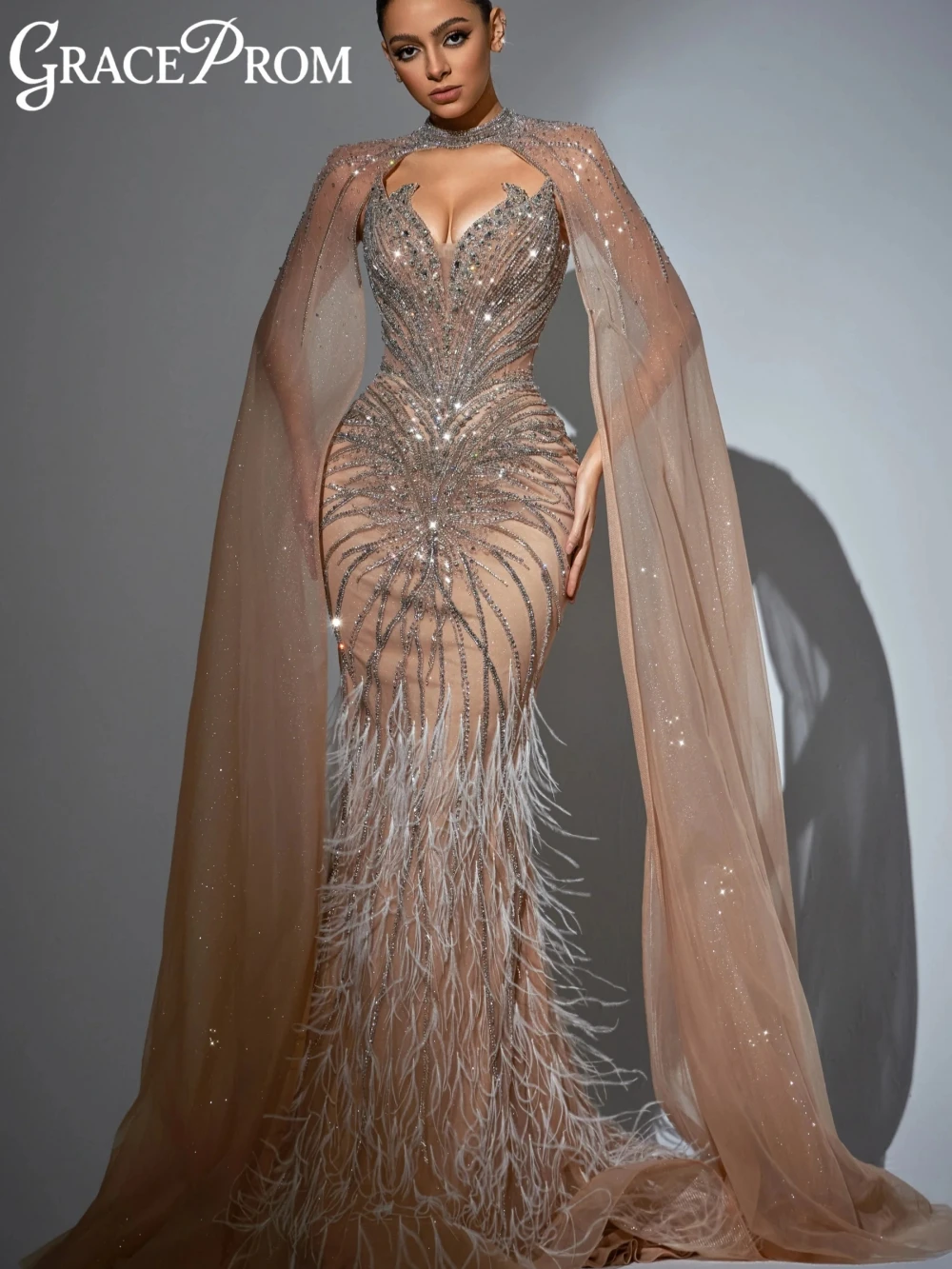 

Dazzling Beaded Feathers Mermaid Long Evening Dress With Cape Sleeve V-neck Backless Wedding Party Gown Customized Prom Dresses