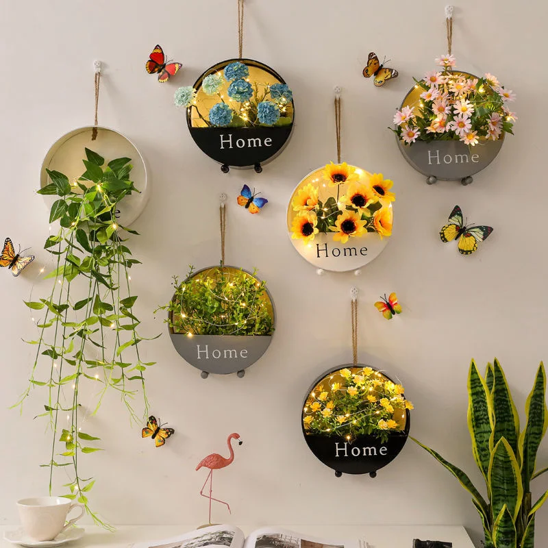 Nordic Wall Hanging Flower Pot With Light Artificial Flowers Fake Planter Garden Vine Pot Plants Holder Living Room Decoration