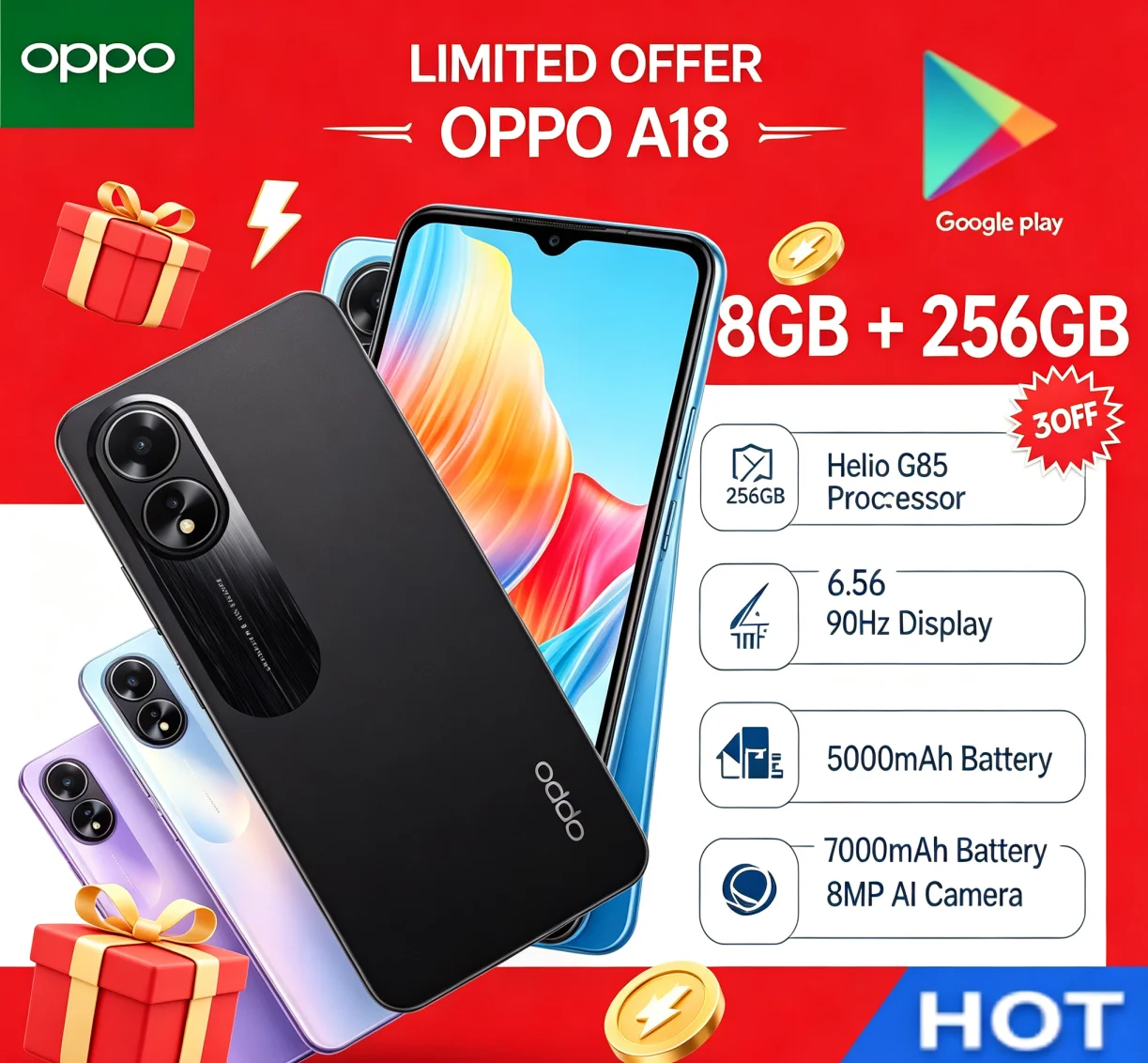 2026 Great Value OPPO A18 Dual‑SIM Card Smartphone Unlocked 8+256GB Capacity 6.5'' HD+ Display Helio P35 Chip Light‑Weight