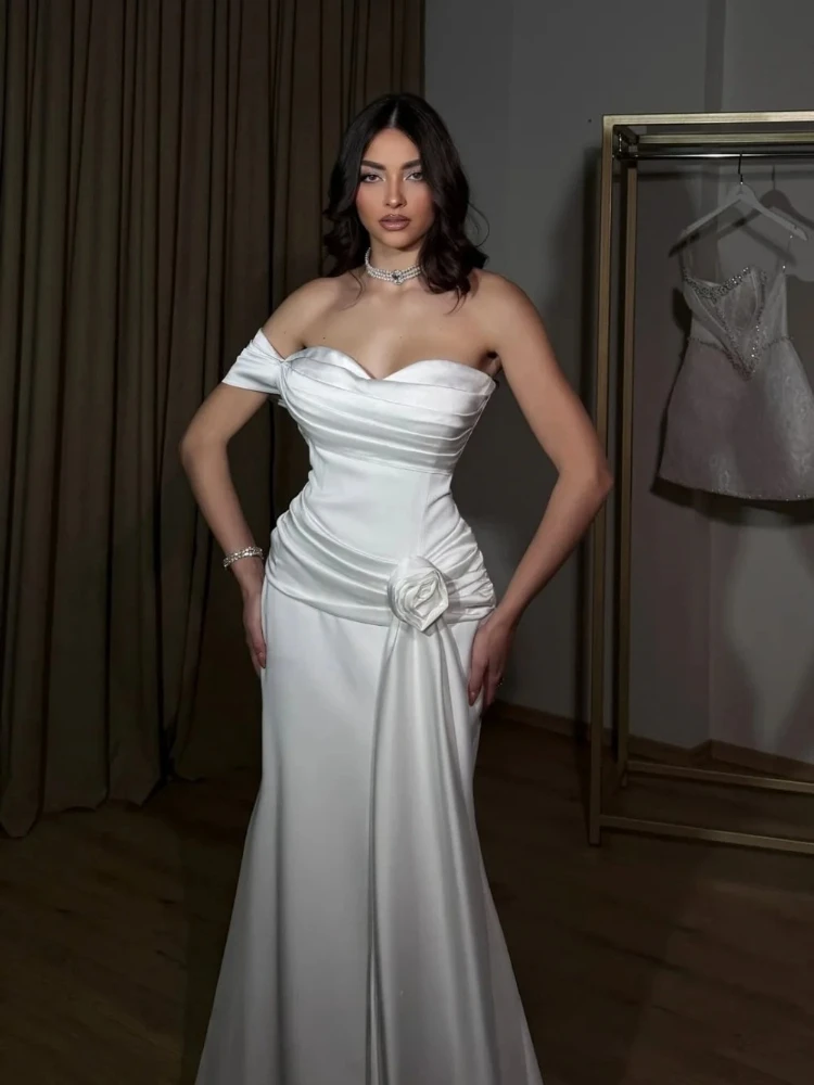 Simple Sweetheart Off Shoulder Satin Mermaid Wedding Dress Ruched 3D Flower Floor Length Bridal Gown Vestido Novia Custom Made