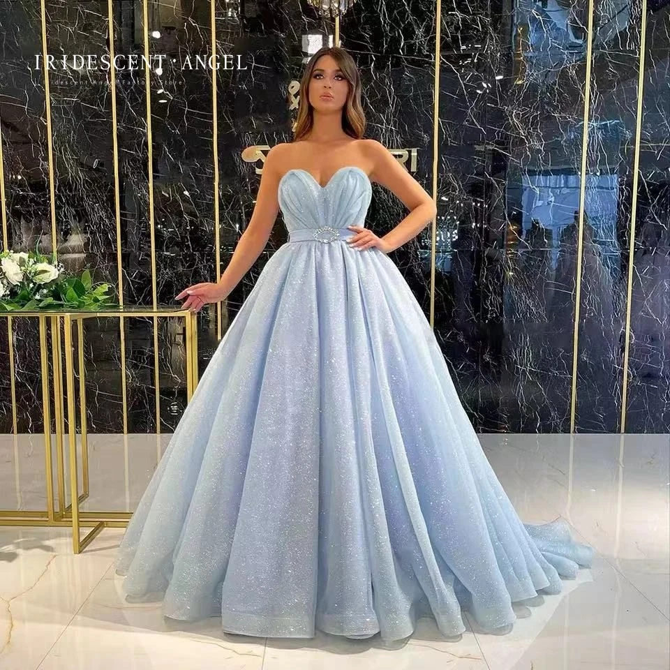 

IRIDESCENT Sweetheart Shiny Sky Blue Robe De Soiree Long Lace Up Evening Dresses For Women Prom Graduation Party Gown Backless