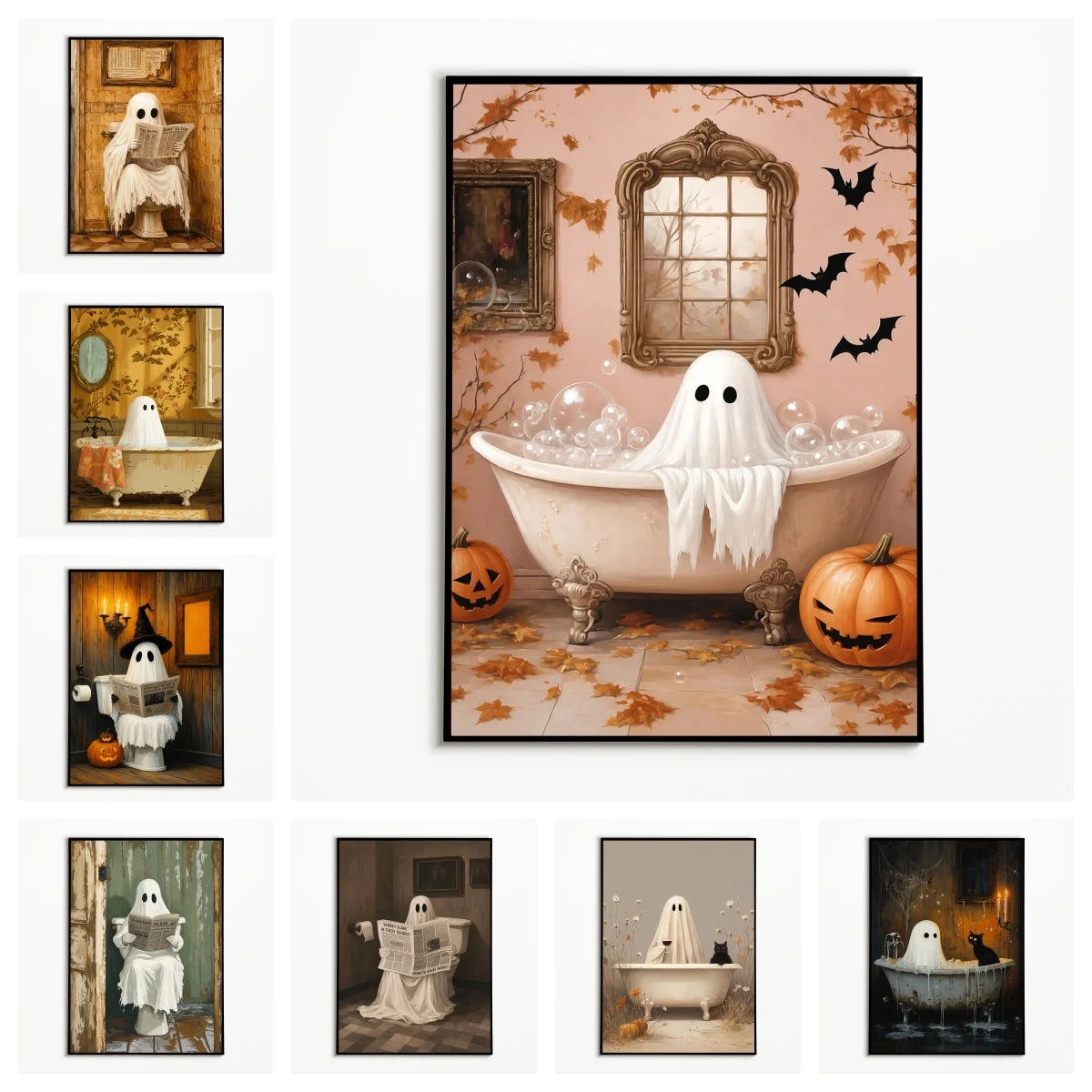 1pc frameless,1PC  Halloween Bathroom Funny Ghost Pumpkin Black Cat Poster  Toilet Reading Newspaper Ghost Wall Art  Frameless C