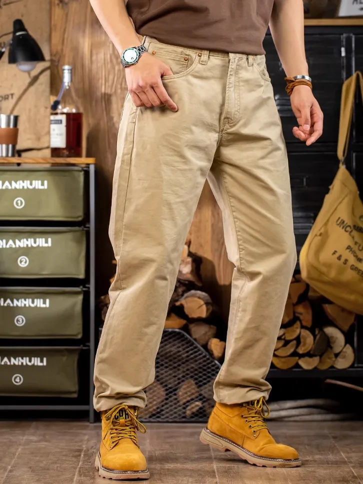 

American Retro Straight Leg Casual Pants Men's Khaki Color Pure Cotton Long Pants Summer Season Faion Urban Sle Jeans