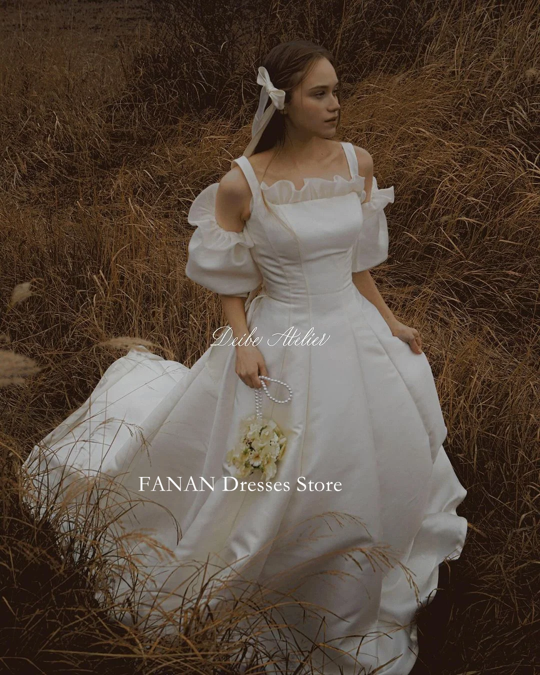 

FANAN Square Collar Korea Ivory Ruched Wedding Dresses 웨딩드레스 Short Sleeves Satin Custom Made Pretty Bride Gowns Plus Size